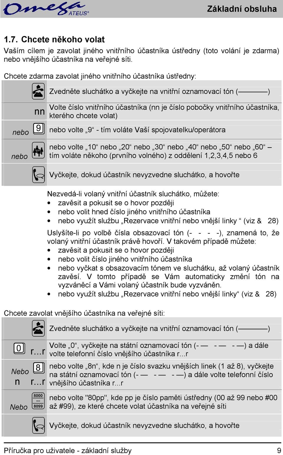 kterého chcete volat) volte 9 - tím voláte Vaší spojovatelku/operátora volte 10 20 30 40 50 60 tím voláte někoho (prvního volného) z oddělení 1,2,3,4,5 6 Vyčkejte, dokud účastník nevyzvedne