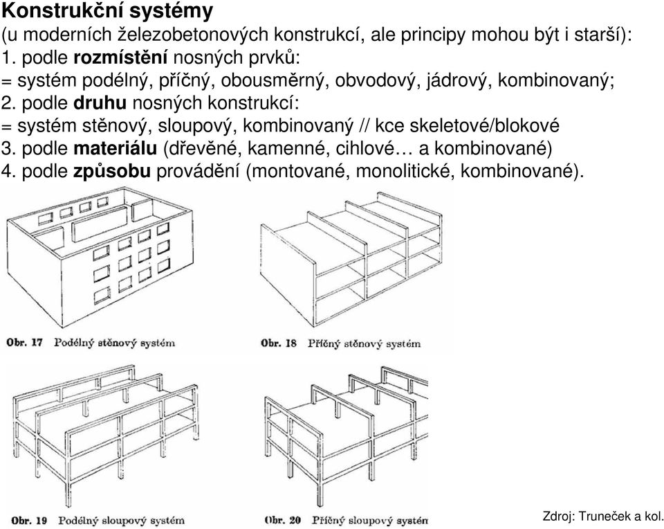 podle druhu nosných konstrukcí: = systém stěnový, sloupový, kombinovaný // kce skeletové/blokové 3.