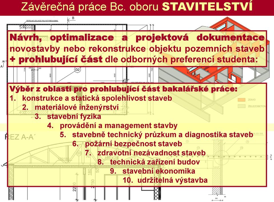 dle odborných preferencí studenta: Výběr z oblastí pro prohlubující část bakalářské práce: 1. konstrukce a statická spolehlivost staveb 2.