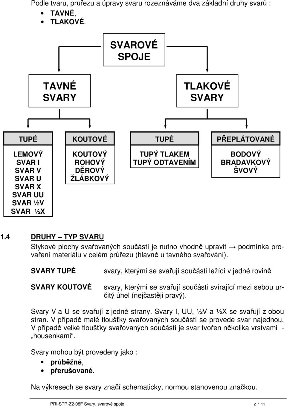 BRADAVKOVÝ ŠVOVÝ 1.4 DRUHY TYP SVARŮ Stykové plochy svařovaných součástí je nutno vhodně upravit podmínka provaření materiálu v celém průřezu (hlavně u tavného svařování).