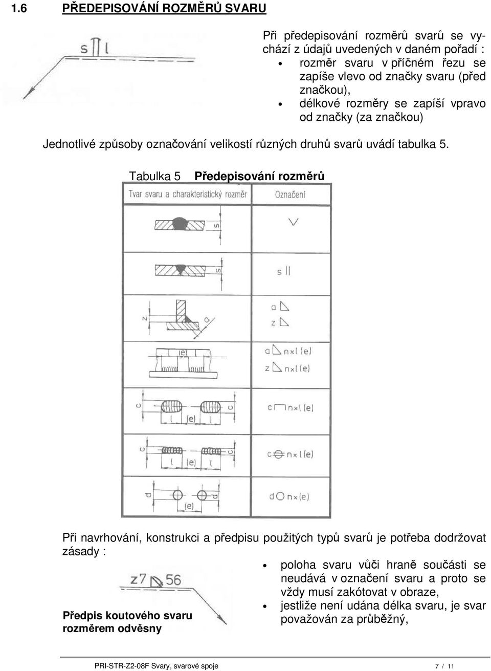 Tabulka 5 Předepisování rozměrů svarů Při navrhování, konstrukci a předpisu použitých typů svarů je potřeba dodržovat zásady : poloha svaru vůči hraně součásti se neudává v