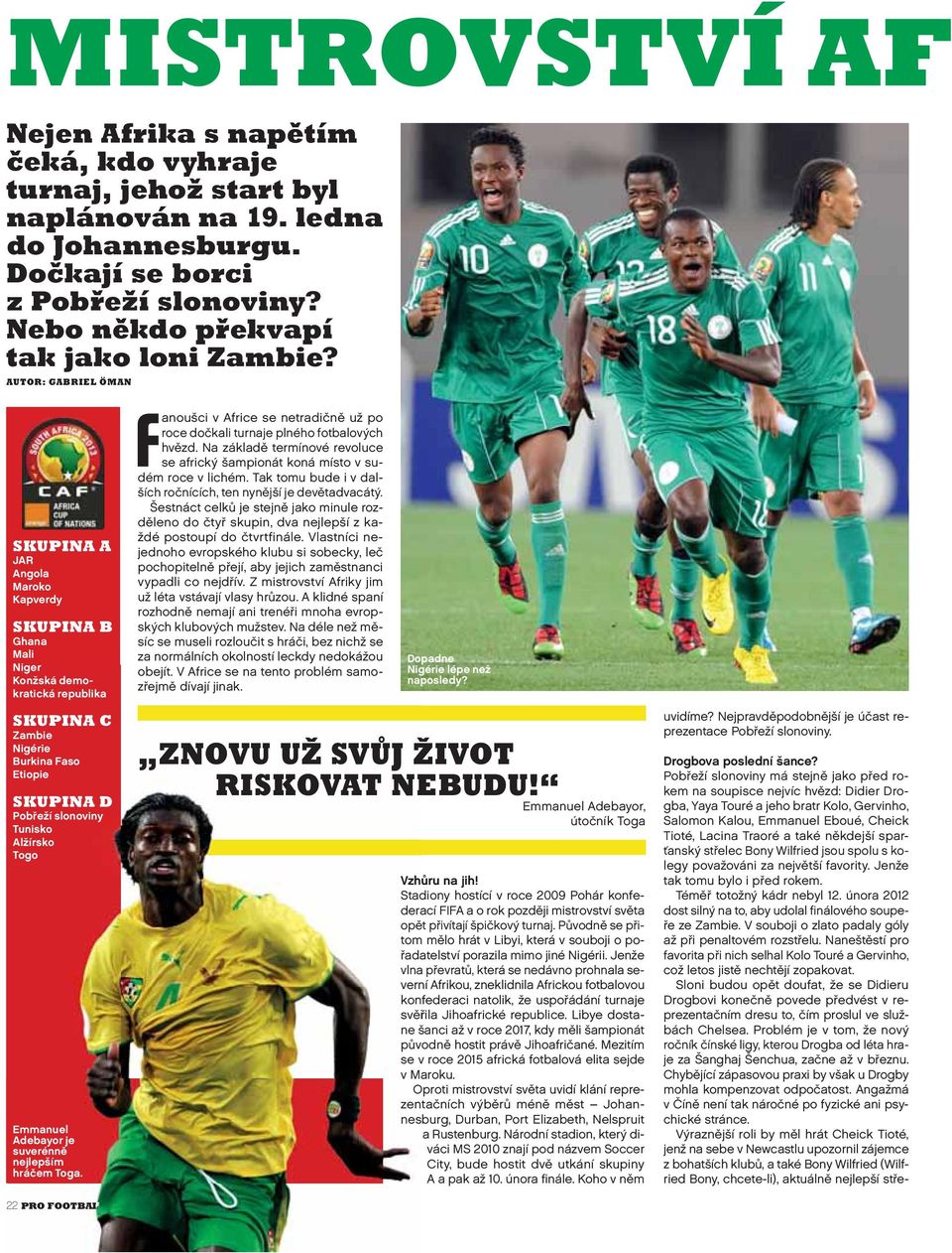 AUTOR: GABRIEL ÖMAN SKUPINA A JAR Angola Maroko Kapverdy SKUPINA B Ghana Mali Niger Konžská demokratická republika SKUPINA C Zambie Nigérie Burkina Faso Etiopie SKUPINA D Pobřeží slonoviny Tunisko