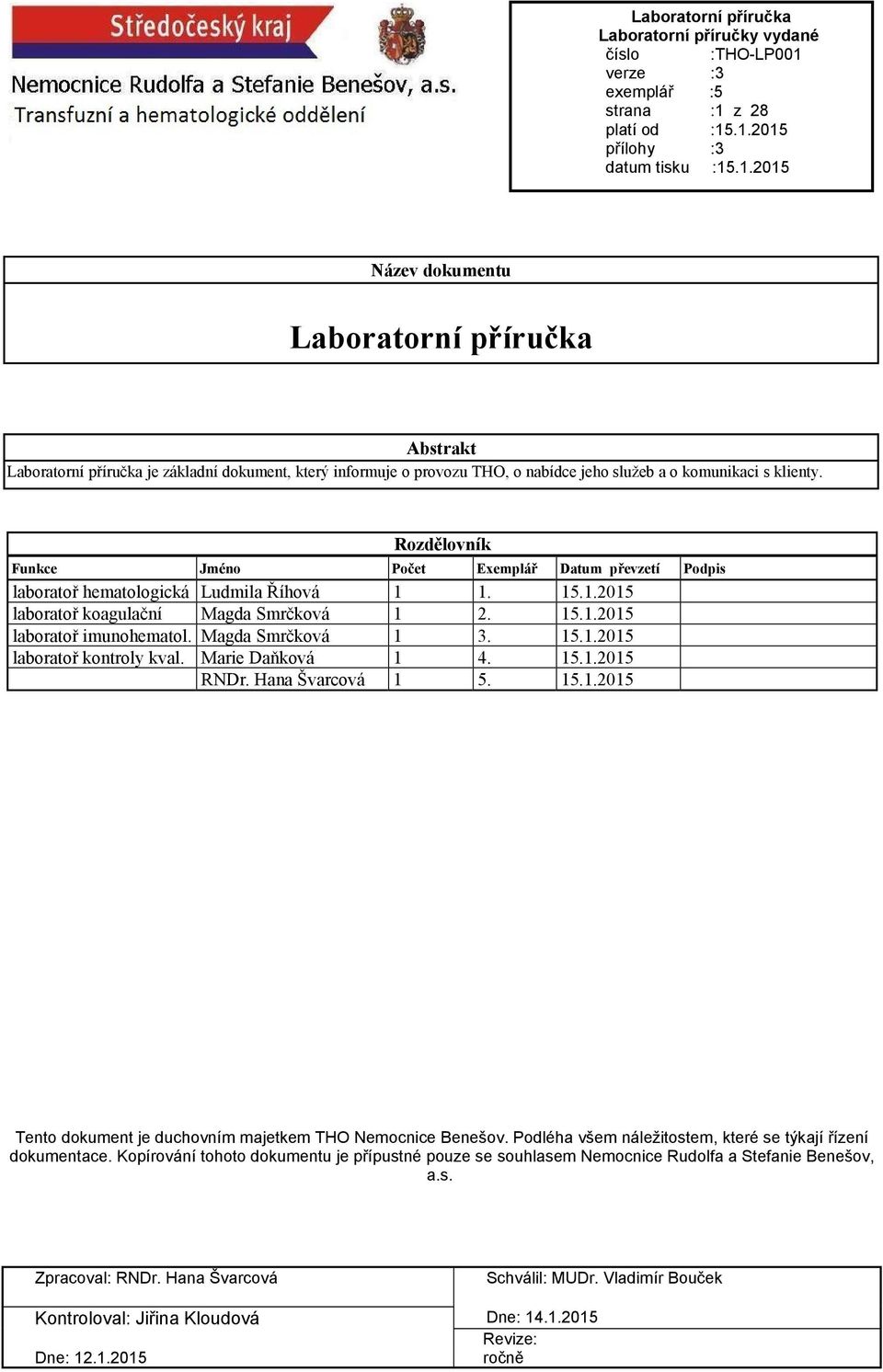 Magda Smrčková 1 3. 15.1.2015 laboratoř kontroly kval. Marie Daňková 1 4. 15.1.2015 RNDr. Hana Švarcová 1 5. 15.1.2015 Tento dokument je duchovním majetkem THO Nemocnice Benešov.