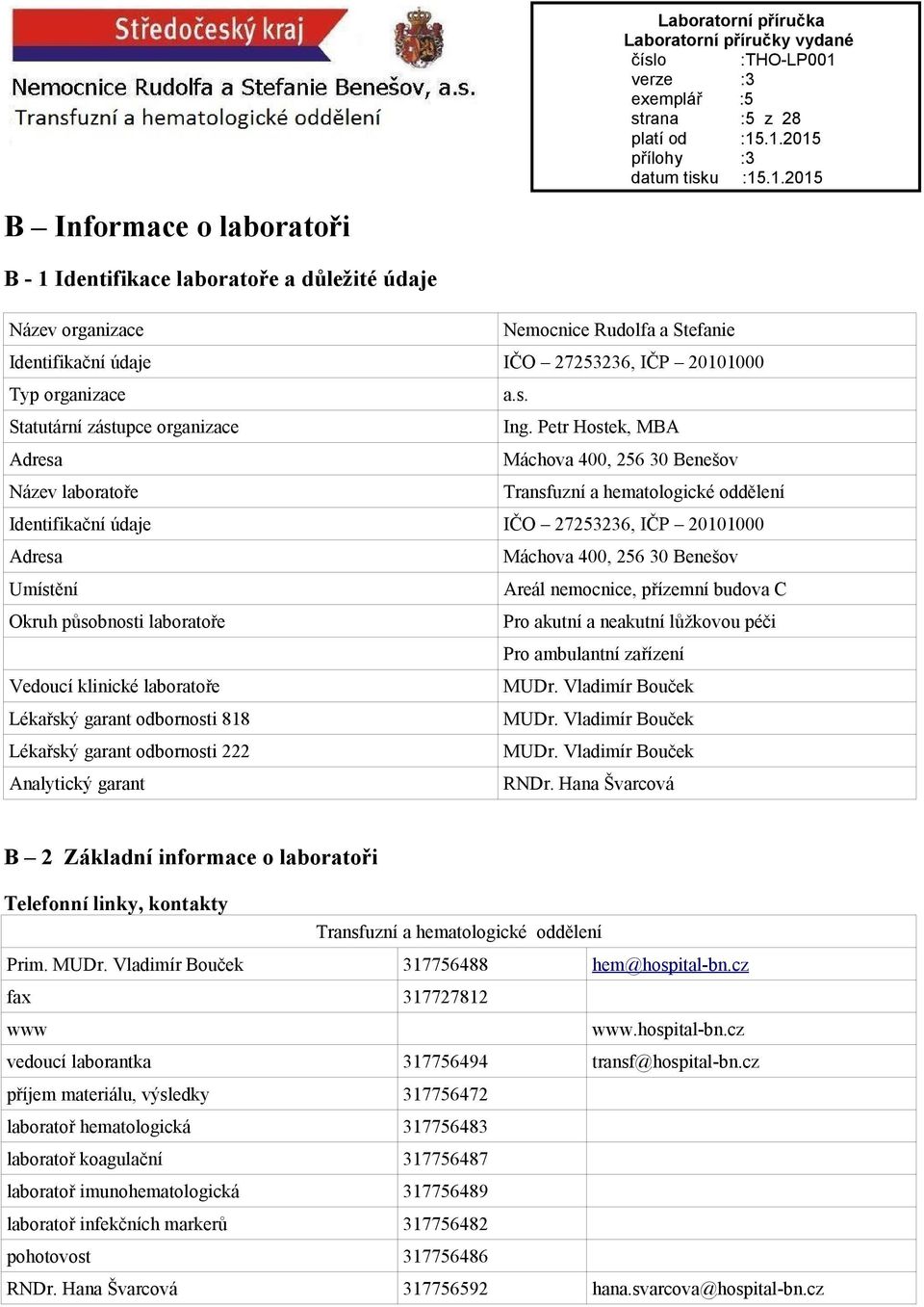 Areál nemocnice, přízemní budova C Okruh působnosti laboratoře Pro akutní a neakutní lůžkovou péči Pro ambulantní zařízení Vedoucí klinické laboratoře MUDr.