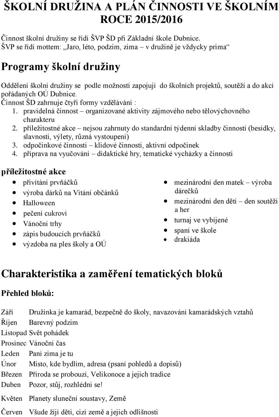 OÚ Dubnice. Činnost ŠD zahrnuje čtyři formy vzdělávání : 1. pravidelná činnost organizované aktivity zájmového nebo tělovýchovného charakteru 2.