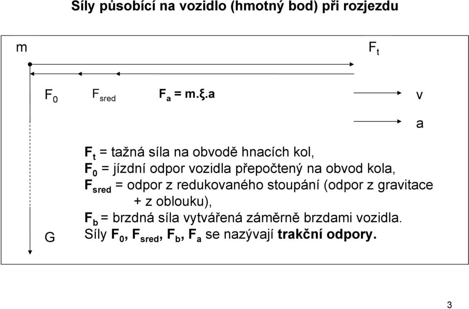 obvod kola, F sred = odpor z redukovaného stoupání (odpor z gravitace + z oblouku), F b =