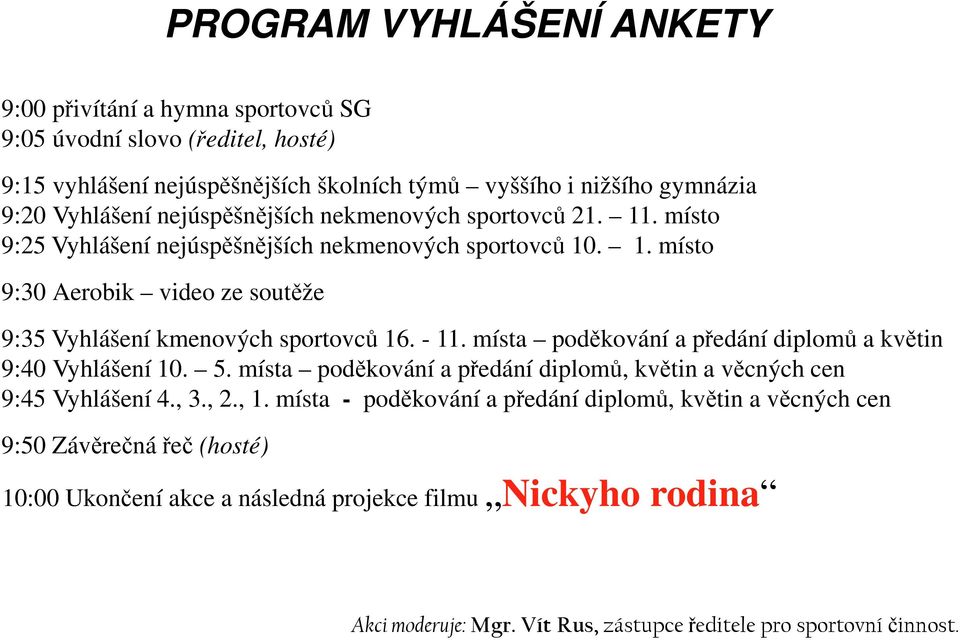 - 11. místa poděkování a předání diplomů a květin 9:40 Vyhlášení 10. 5. místa poděkování a předání diplomů, květin a věcných cen 9:45 Vyhlášení 4., 3., 2., 1.