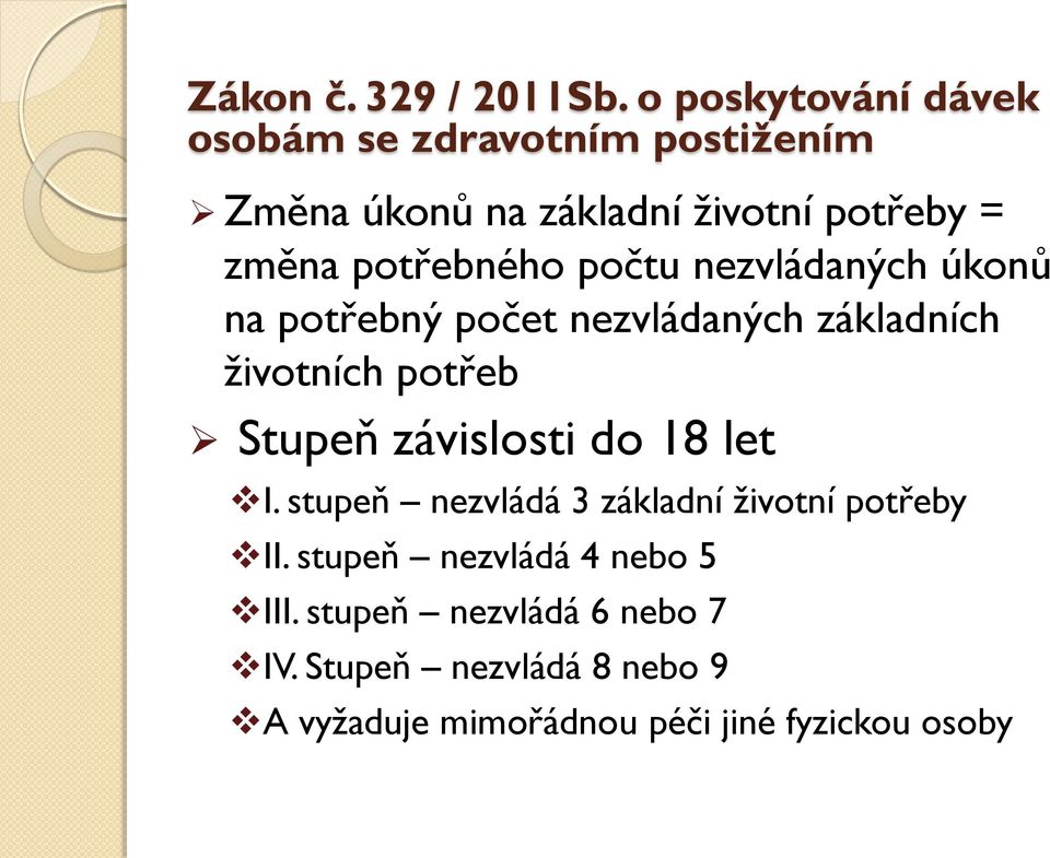 stupeň nezvládá 3 základní životní potřeby II. stupeň nezvládá 4 nebo 5 III.