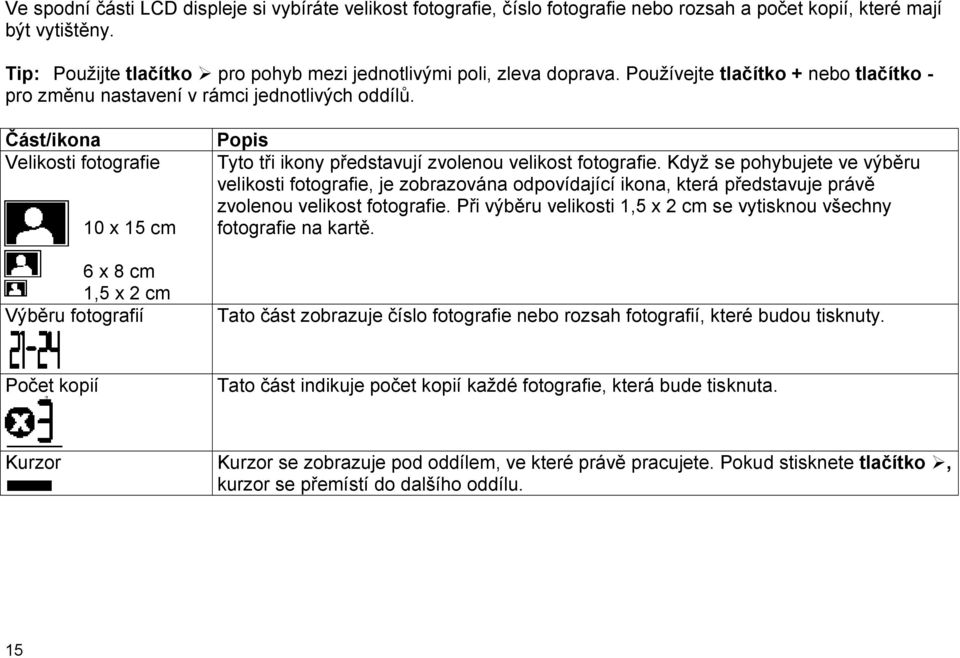 Část/ikona Velikosti fotografie 10 x 15 cm 6 x 8 cm 1,5 x 2 cm Výběru fotografií Popis Tyto tři ikony představují zvolenou velikost fotografie.
