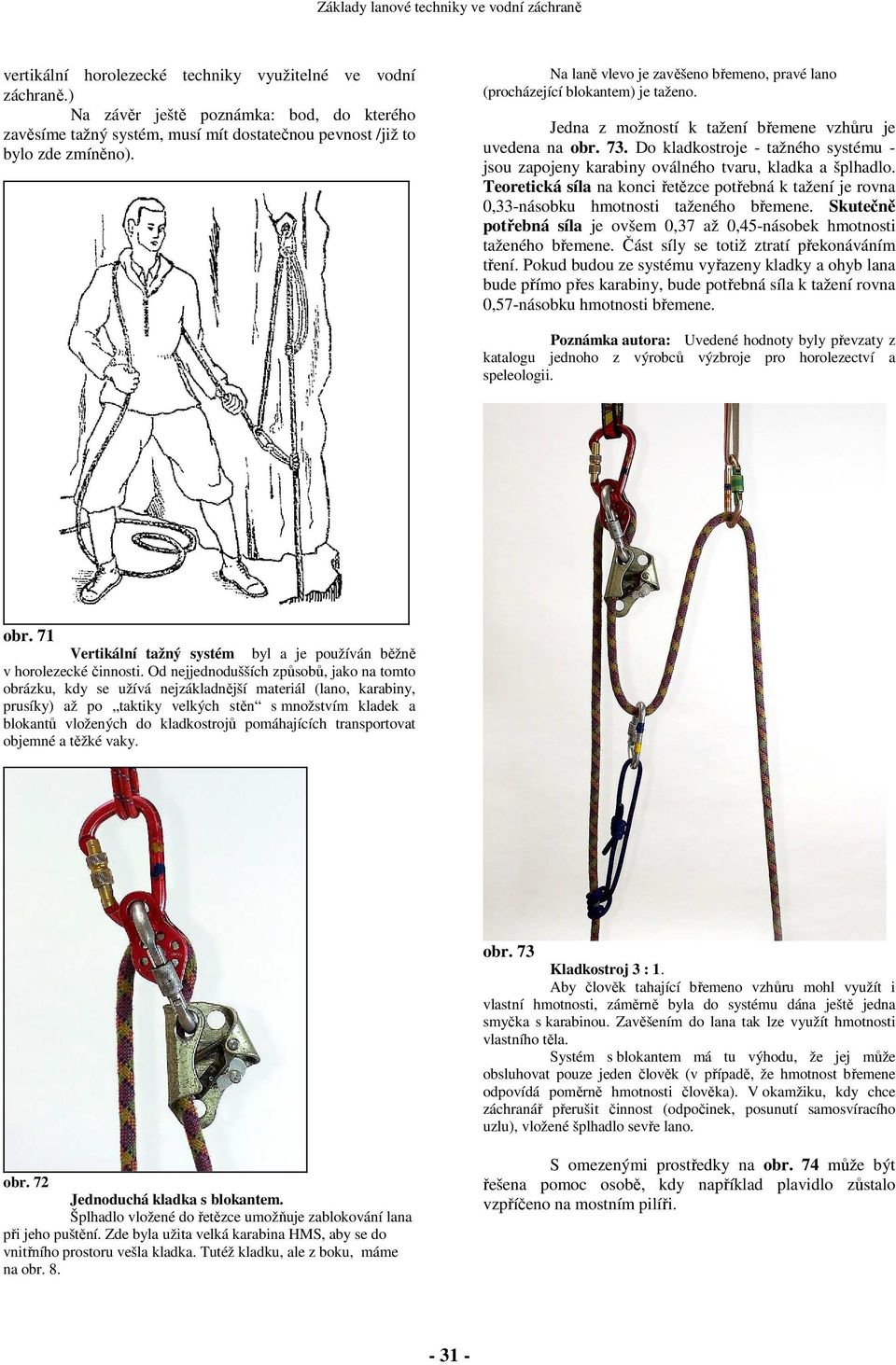 Do kladkostroje - tažného systému - jsou zapojeny karabiny oválného tvaru, kladka a šplhadlo. Teoretická síla na konci řetězce potřebná k tažení je rovna 0,33-násobku hmotnosti taženého břemene.