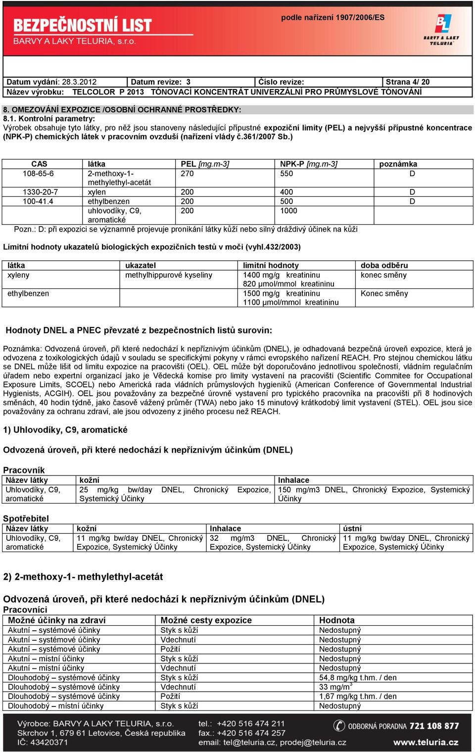 Kontrolní parametry: Výrobek obsahuje tyto látky, pro něž jsou stanoveny následující přípustné expoziční limity (PEL) a nejvyšší přípustné koncentrace (NPK-P) chemických látek v pracovním ovzduší