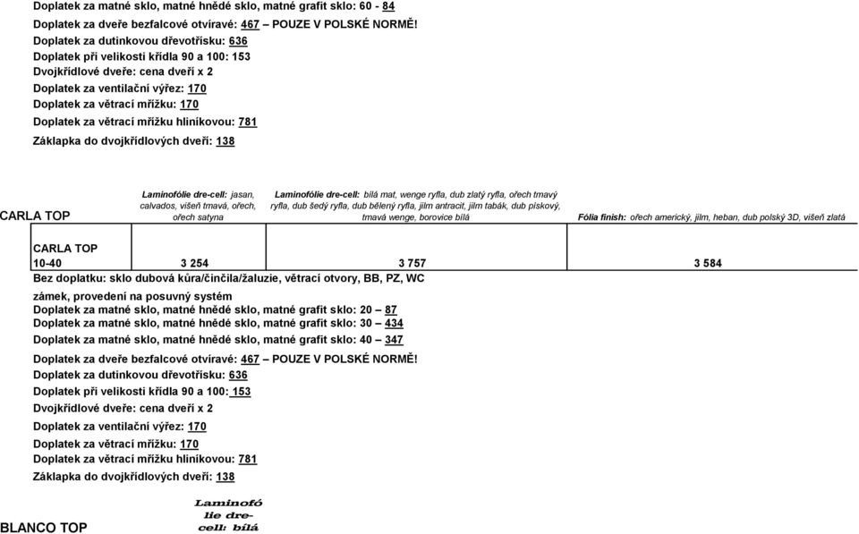 borovice bílá Fólia finish: ořech americký, jilm, heban, dub polský 3D, višeň zlatá CARLA TOP 10-40 3 254 3 757 3 584 Doplatek za matné sklo, matné hnědé sklo, matné grafit sklo: 20 87 Doplatek za