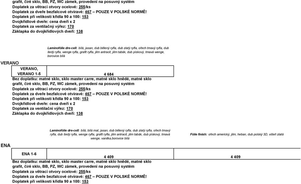 hnědé, matné sklo grafit, čiré sklo, BB, PZ, WC Doplatek za větrací otvory ocelové: 255/ks ENA Laminofólie dre-cell: bílá, bílá mat, jasan, dub bělený ryfla, dub zlatý ryfla, ořech tmavý ryfla, dub