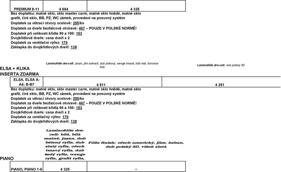 ventilačný výřez: 170 PIANO Laminofólie dre-cell: jasan, jilm antracit, dub pískový, wenge tmavá, bílá mat, borovice bílá Laminofólie drecell: bílá, bílá matná, jasan, dub bělený ryfla, dub Fólie