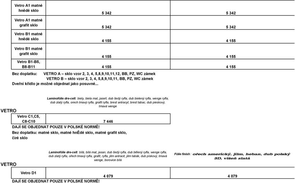 .. 4 155 4 155 4 155 4 155 VETRO Laminofólie dre-cell: biely, biela mat, jaseň, dub šedý ryfla, dub bielený ryfla, wenge ryfla, dub zlatý ryfla, orech tmavý ryfla, grafit ryfla, brest antracyt, brest