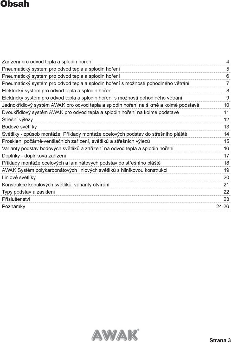 systém AWAK pro odvod tepla a splodin hoření na šikmé a kolmé podstavě 10 Dvoukřídlový systém AWAK pro odvod tepla a splodin hoření na kolmé podstavě 11 Střešní výlezy 12 Bodové světlíky 13 Světlíky