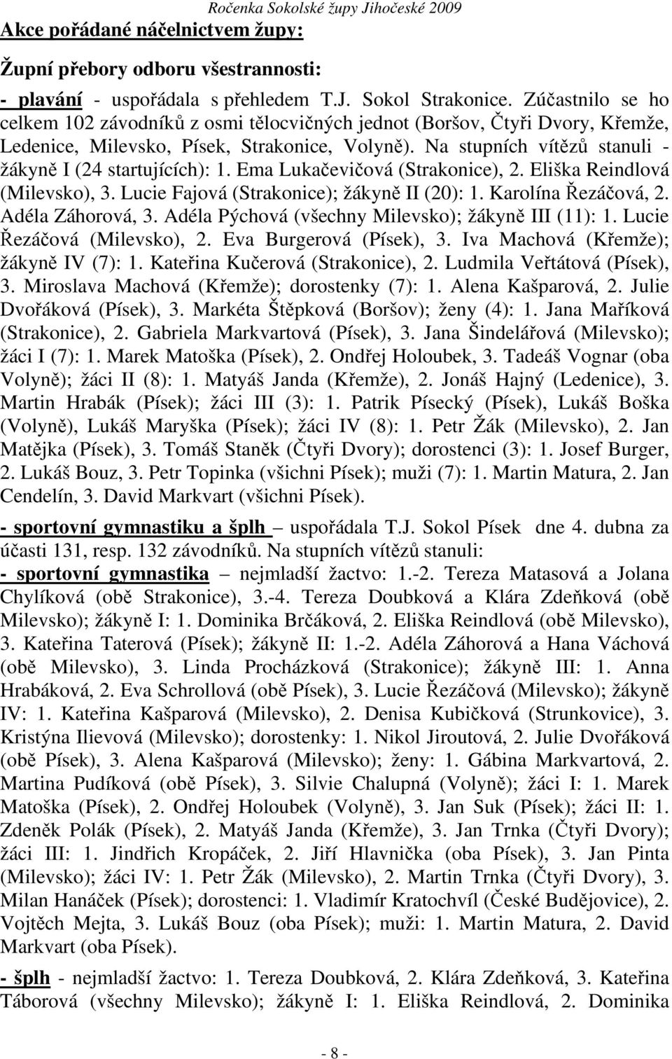Na stupních vítězů stanuli - žákyně I (24 startujících): 1. Ema Lukačevičová (Strakonice), 2. Eliška Reindlová (Milevsko), 3. Lucie Fajová (Strakonice); žákyně II (20): 1. Karolína Řezáčová, 2.