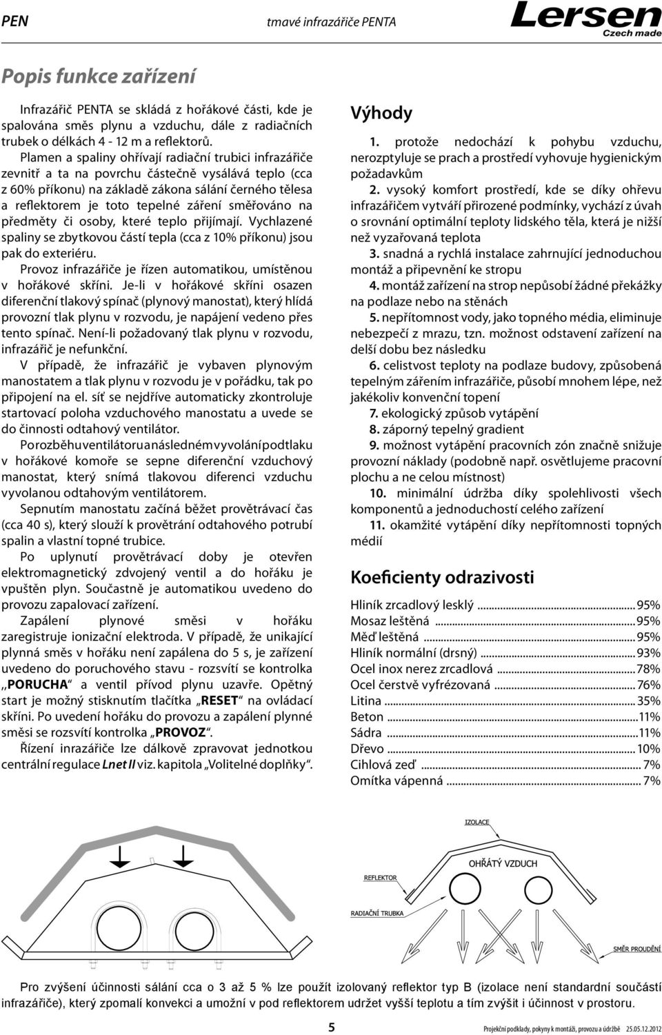 směřováno na předměty či osoby, které teplo přijímají. Vychlazené spaliny se zbytkovou částí tepla (cca z 10% příkonu) jsou pak do exteriéru.