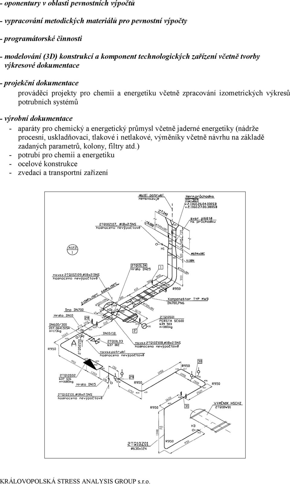 izometrických výkresů potrubních systémů - výrobní dokumentace - aparáty pro chemický a energetický průmysl včetně jaderné energetiky (nádrže procesní, uskladňovací,