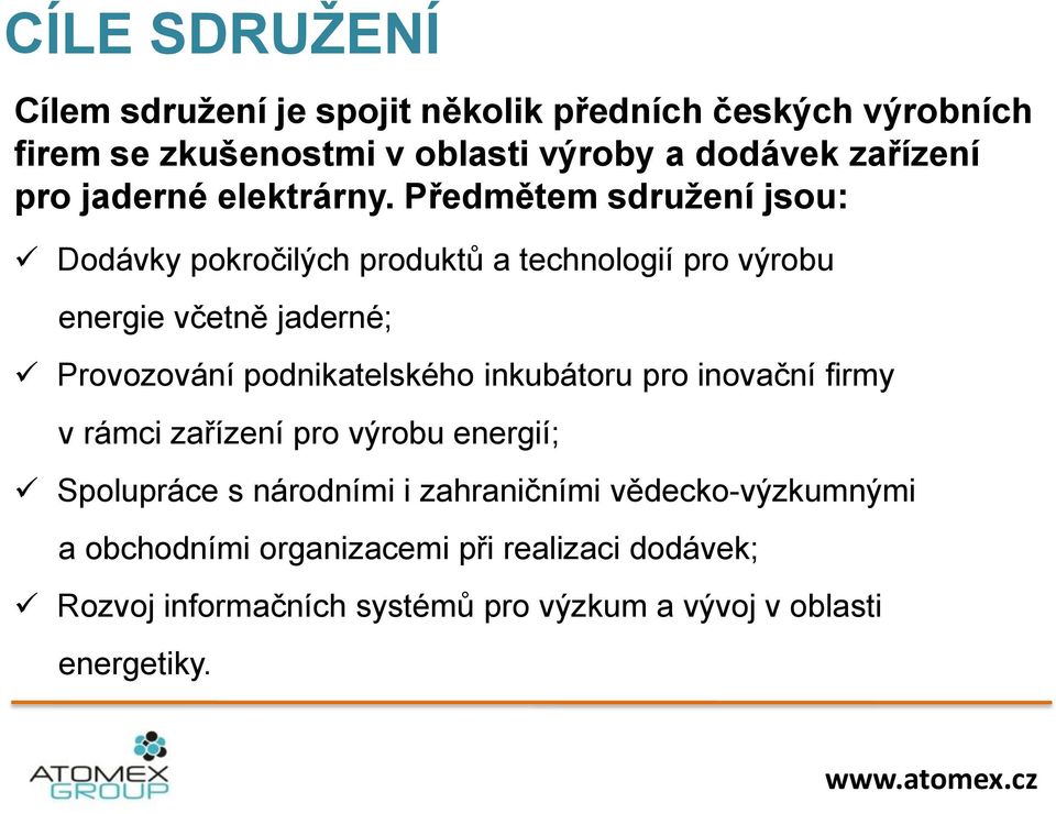 Předmětem sdružení jsou: Dodávky pokročilých produktů a technologií pro výrobu energie včetně jaderné; Provozování podnikatelského