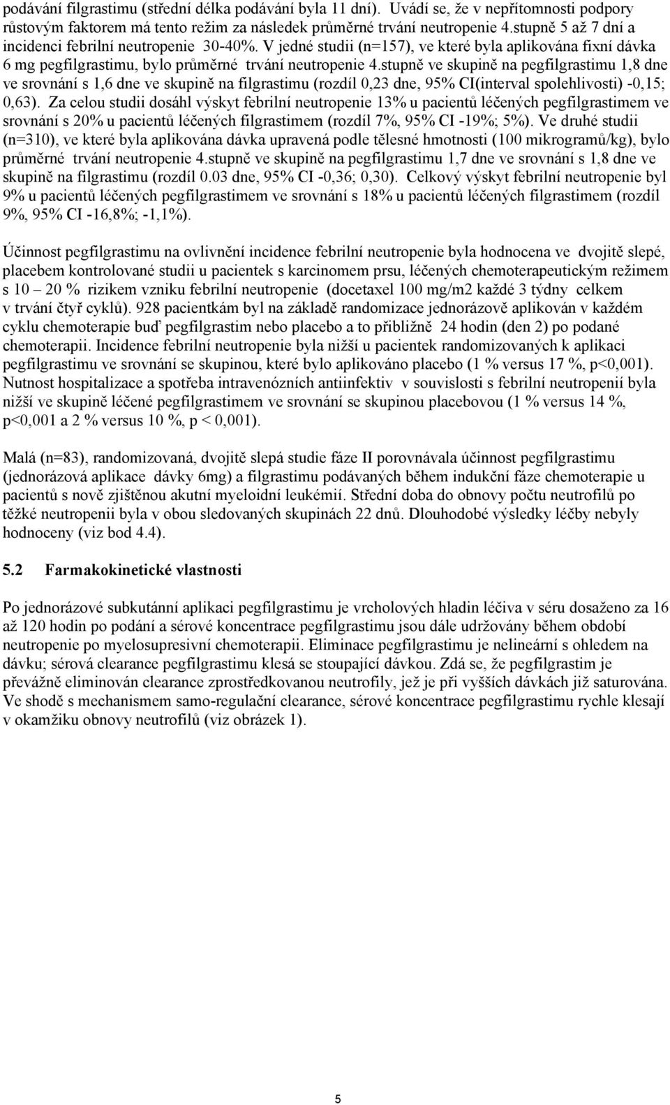 stupně ve skupině na pegfilgrastimu 1,8 dne ve srovnání s 1,6 dne ve skupině na filgrastimu (rozdíl 0,23 dne, 95% CI(interval spolehlivosti) -0,15; 0,63).