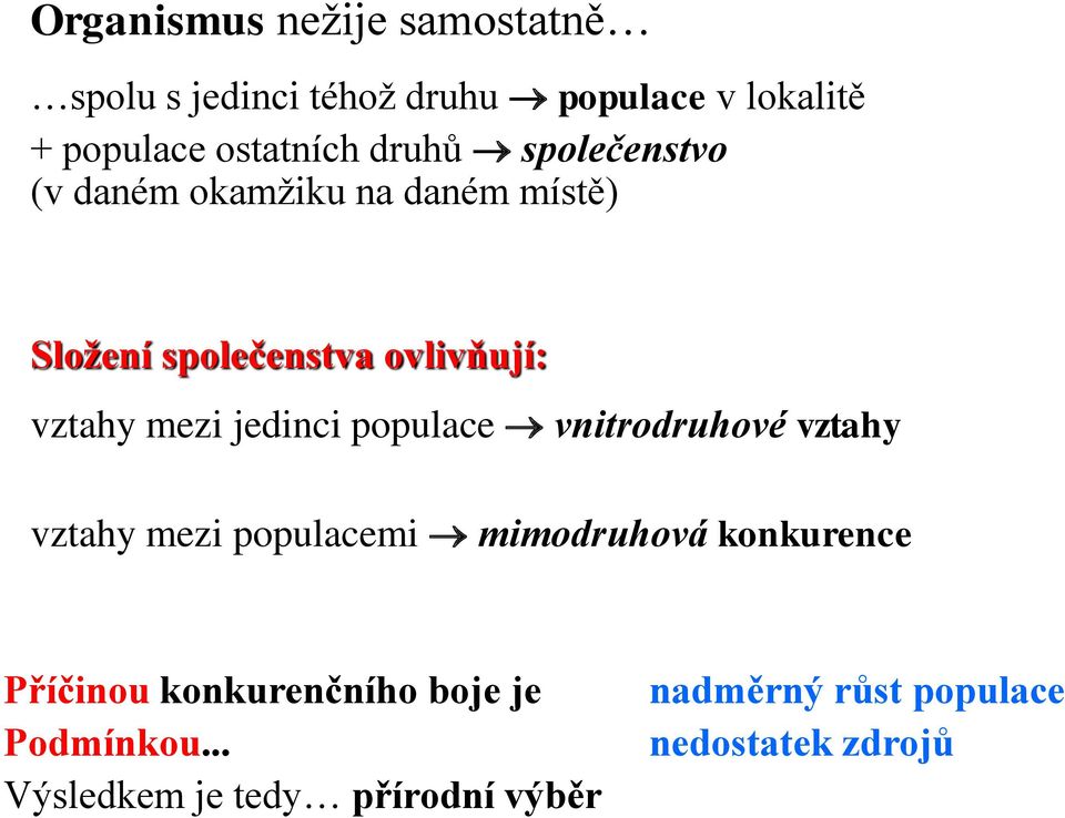 jedinci populace vnitrodruhové vztahy vztahy mezi populacemi mimodruhová konkurence Příčinou