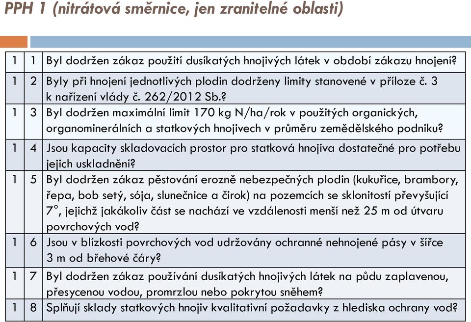 ? 1 3 Byl dodržen maximální limit 170 kg N/ha/rok v použitých organických, organominerálních a statkových hnojivech v průměru zemědělského podniku?