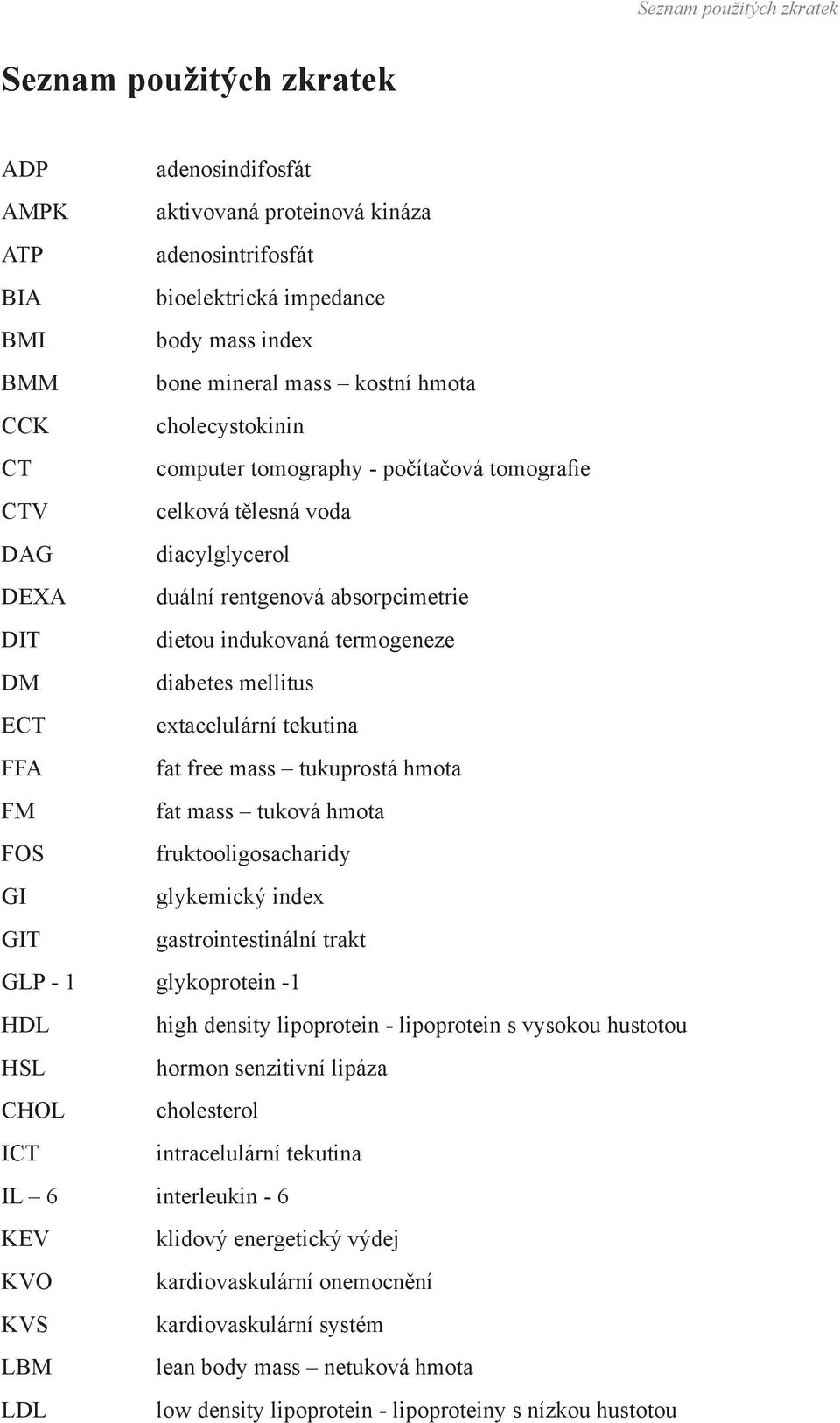 diabetes mellitus ECT extacelulární tekutina FFA fat free mass tukuprostá hmota FM fat mass tuková hmota FOS fruktooligosacharidy GI glykemický index GIT gastrointestinální trakt GLP - 1 glykoprotein