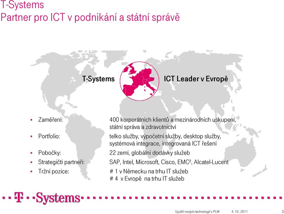 integrace, integrovaná ICT řešení Pobočky: 22 zemí, globální dodávky služeb Strategičtí partneři: SAP, Intel, Microsoft, Cisco,