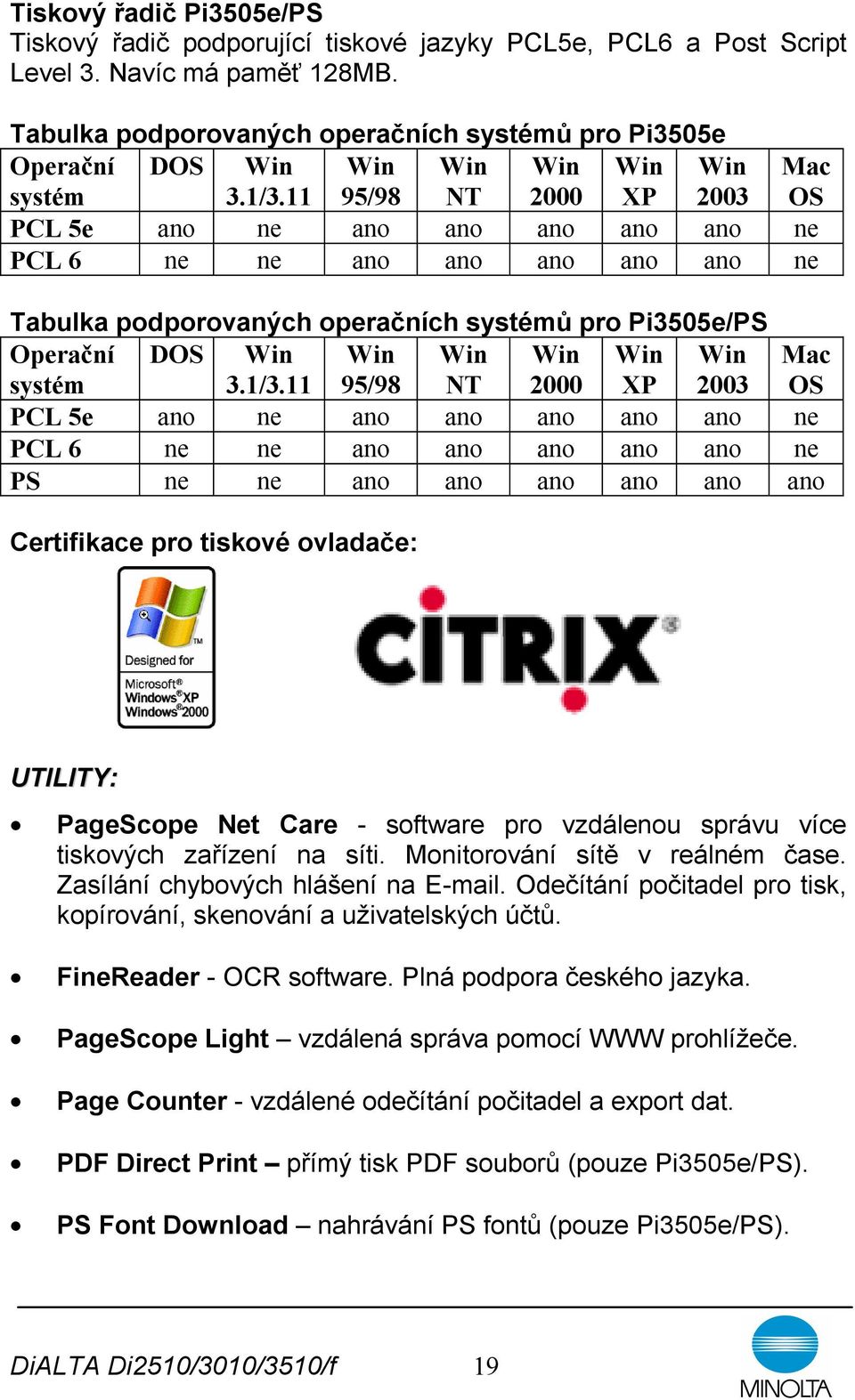 11 Win 95/98 Win NT Win 2000 Win XP Win 2003 Mac OS PCL 5e ano ne ano ano ano ano ano ne PCL 6 ne ne ano ano ano ano ano ne Tabulka podporovaných operačních systémů pro Pi3505e/PS Operační systém DOS