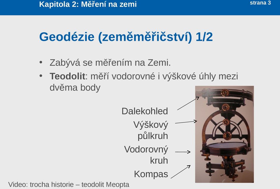 Teodolit: měří vodorovné i výškové úhly mezi dvěma body