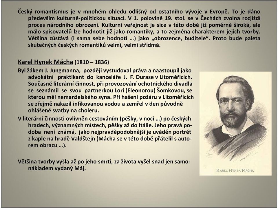 Kulturní veřejnost je sice v této době již poměrně široká, ale málo spisovatelů lze hodnotit již jako romantiky, a to zejména charakterem jejich tvorby.