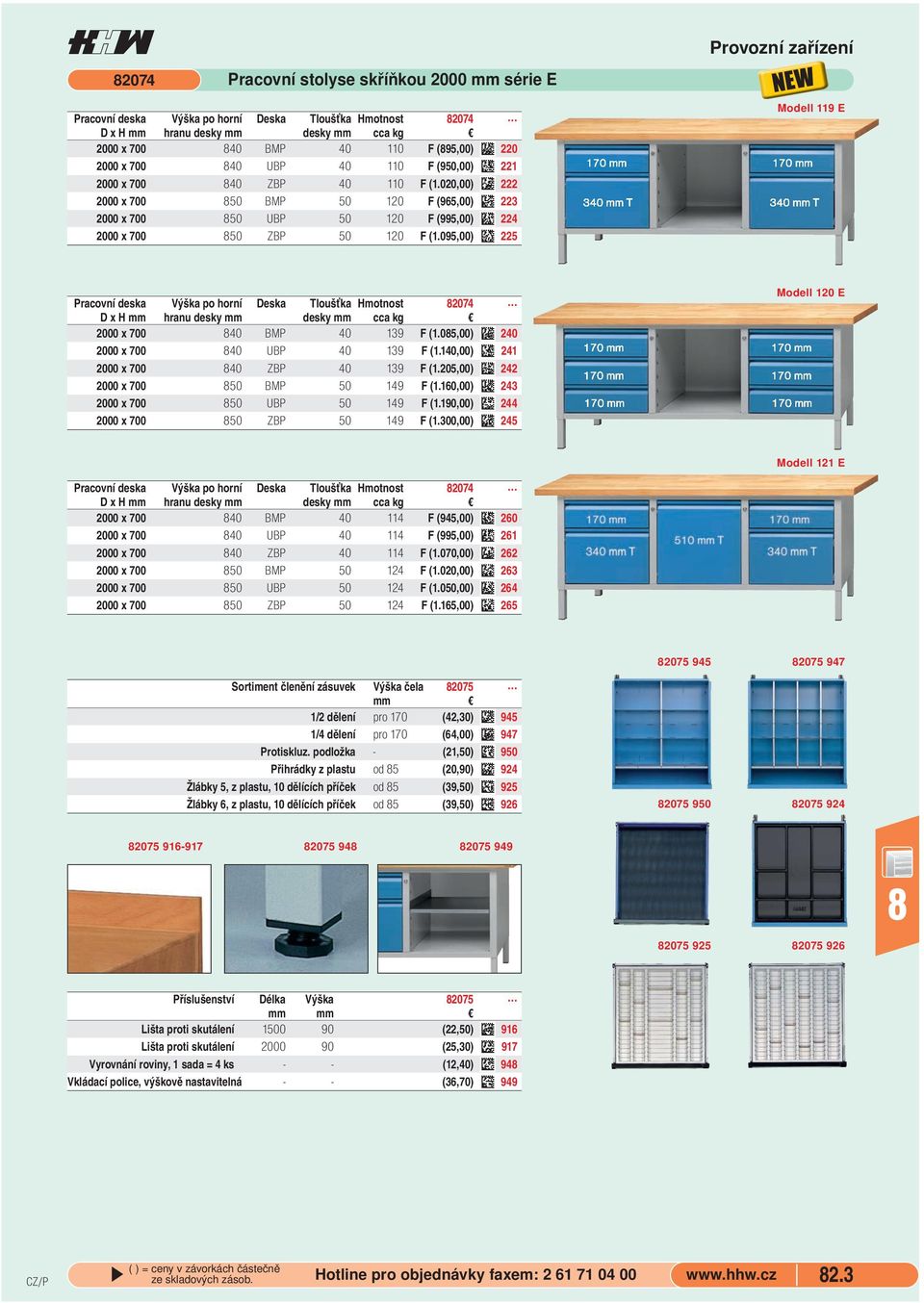 095,00) 225 Modell 119 E Pracovní deska Výška po horní Deska Tloušťka Hmotnost 2074 2000 x 700 40 BMP 40 139 F (1.05,00) 240 2000 x 700 40 UBP 40 139 F (1.140,00) 241 2000 x 700 40 ZBP 40 139 F (1.