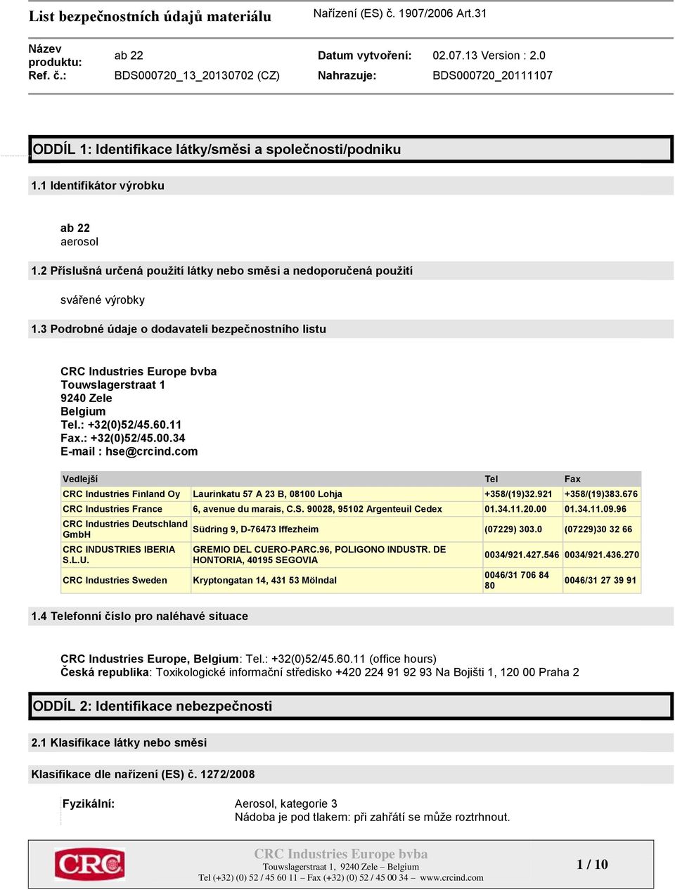 com Vedlejší Tel Fax CRC Industries Finland Oy Laurinkatu 57 A 23 B, 08100 Lohja +358/(19)32.921 +358/(19)383.676 CRC Industries France 6, avenue du marais, C.S. 90028, 95102 Argenteuil Cedex 01.34.