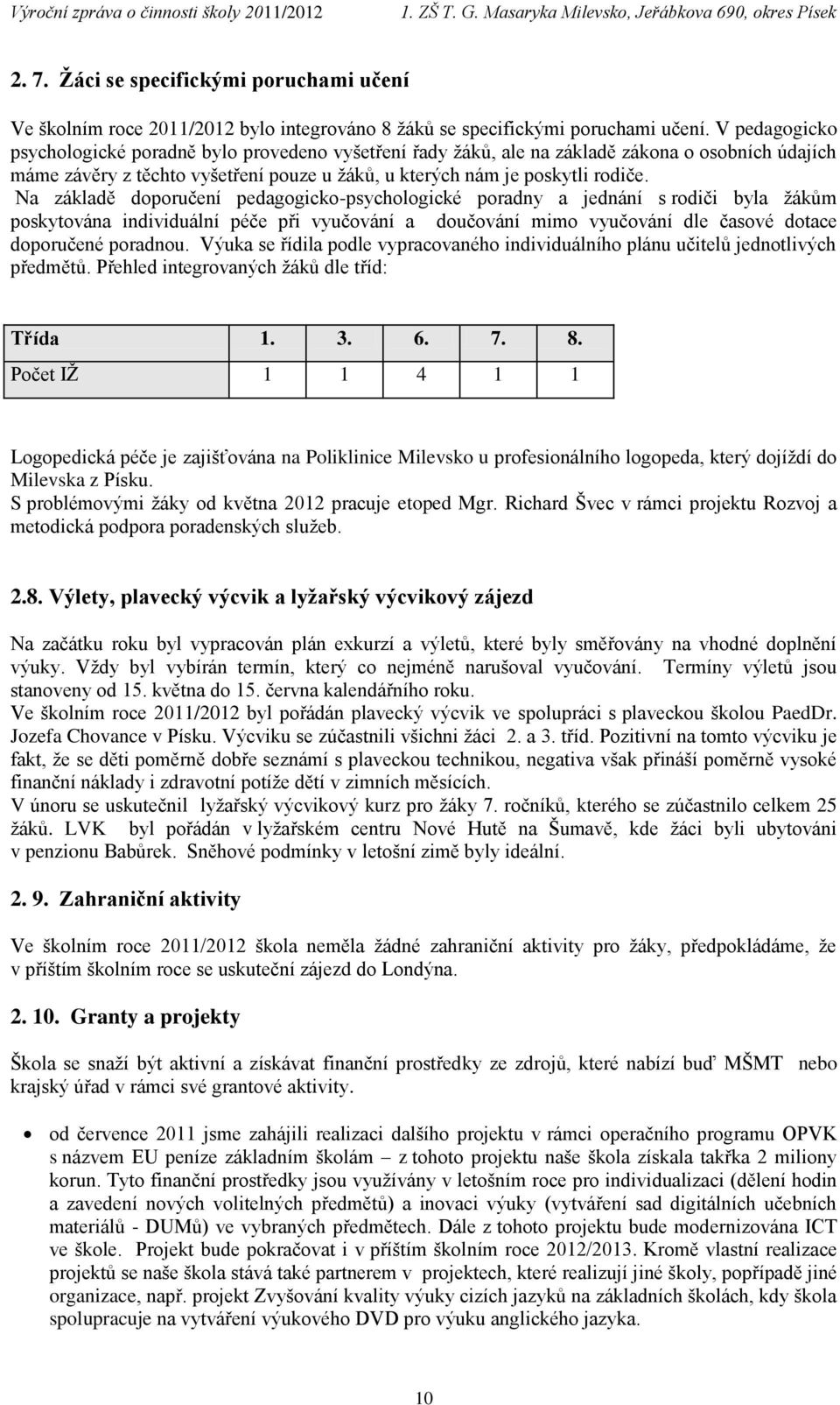 Na základě doporučení pedagogicko-psychologické poradny a jednání s rodiči byla žákům poskytována individuální péče při vyučování a doučování mimo vyučování dle časové dotace doporučené poradnou.