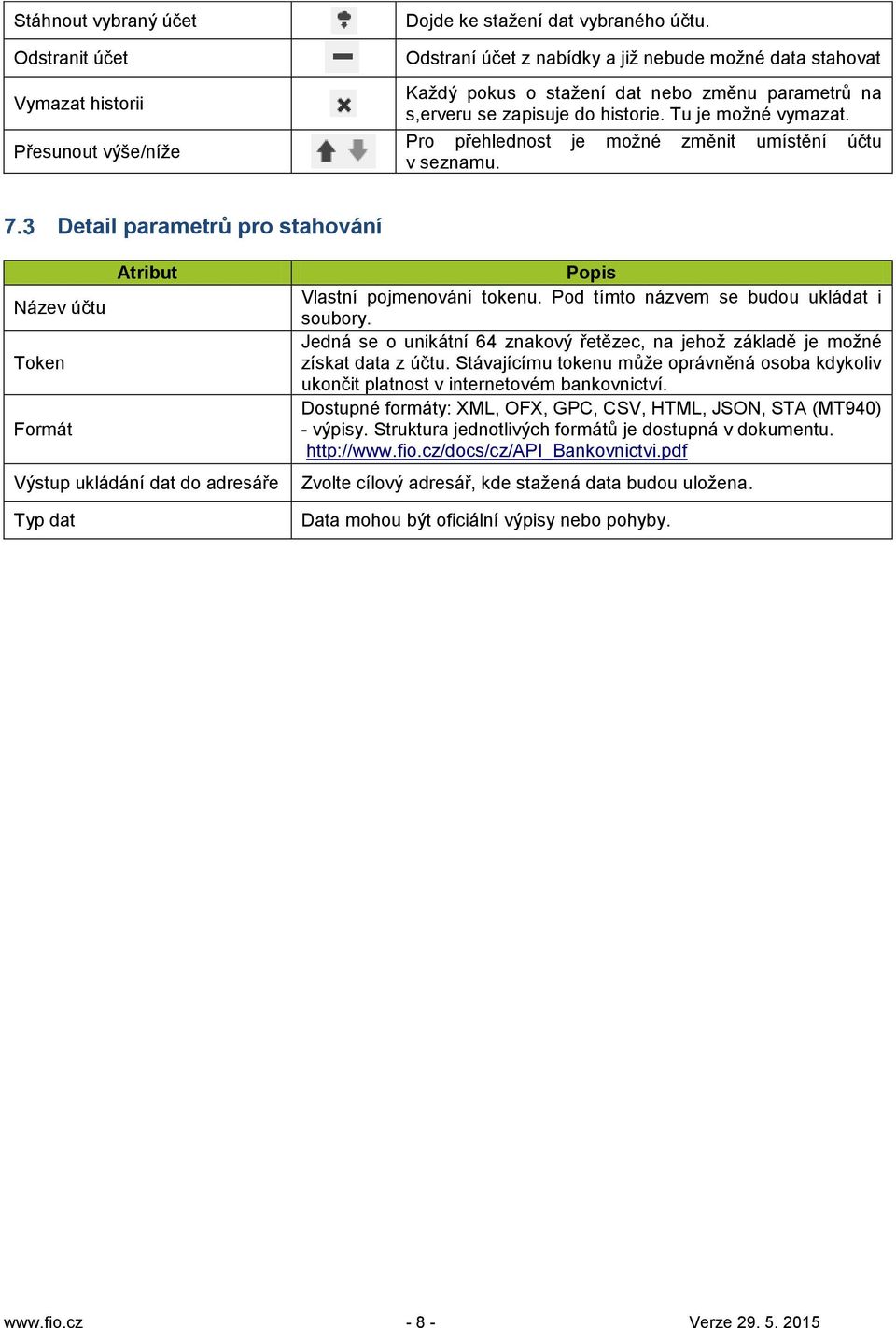 Pro přehlednost je možné změnit umístění účtu v seznamu. Detail parametrů pro stahování Atribut Název účtu Token Formát Výstup ukládání dat do adresáře Typ dat Popis Vlastní pojmenování tokenu.