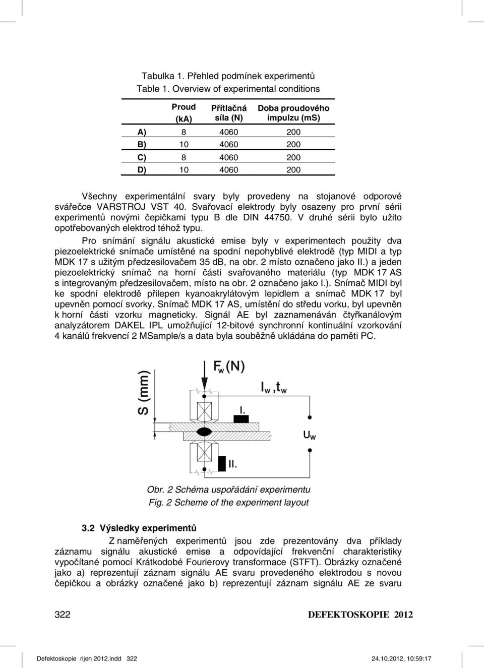 stojanové odporové svářečce VARSTROJ VST 40. Svařovací elektrody byly osazeny pro první sérii experimentů novými čepičkami typu B dle DIN 44750.