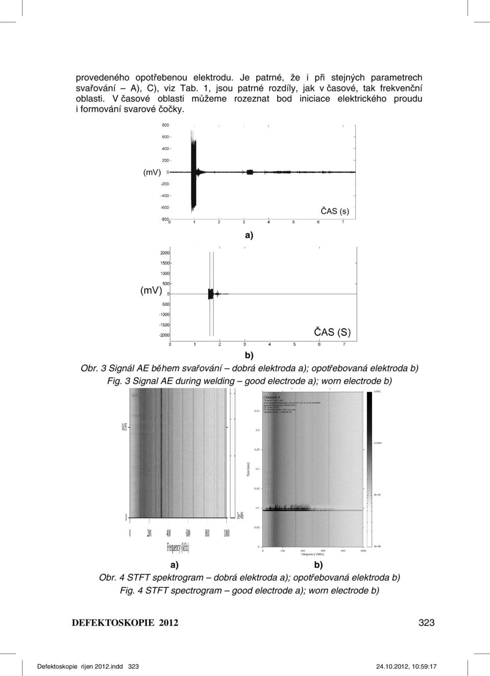 a) b) Obr. 3 Signál AE během svařování dobrá elektroda a); opotřebovaná elektroda b) Fig.