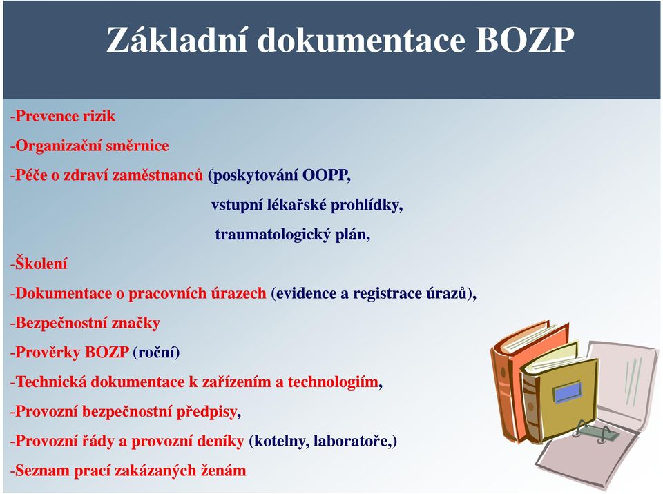 registrace úrazů), -Bezpečnostní značky -Prověrky BOZP (roční) -Technická dokumentace k zařízením a