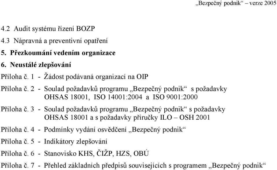 2 - Soulad požadavků programu Bezpečný podnik s požadavky OHSAS 18001, ISO 14001:2004 a ISO 9001:2000 Příloha č.