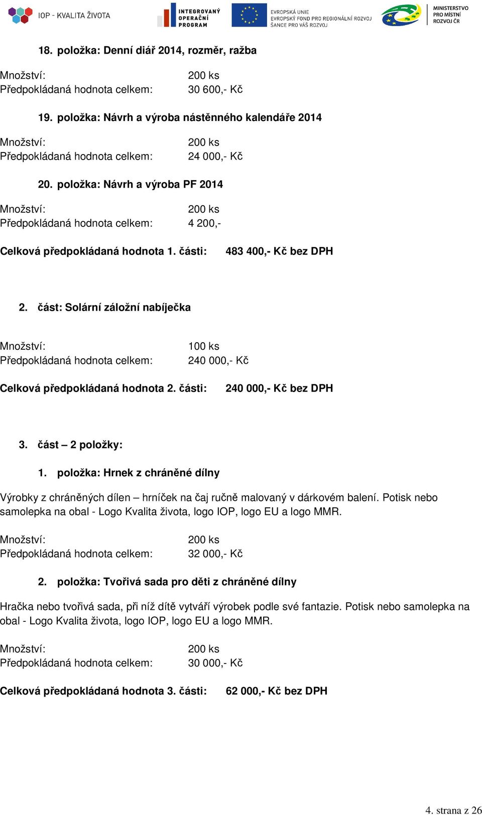 části: 240 000,- Kč bez DPH 3. část 2 položky: 1. položka: Hrnek z chráněné dílny Výrobky z chráněných dílen hrníček na čaj ručně malovaný v dárkovém balení.