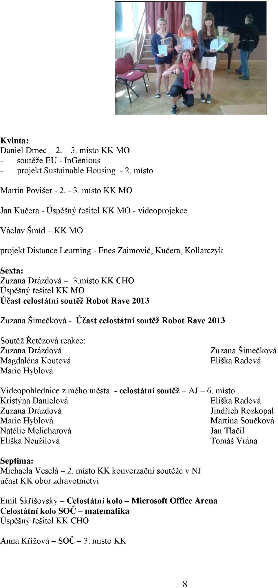 místo KK CHO Úspěšný řešitel KK MO Účast celostátní soutěž Robot Rave 2013 Zuzana Šimečková - Účast celostátní soutěž Robot Rave 2013 Soutěž Řetězová reakce: Zuzana Drázdová Magdaléna Koutová Marie