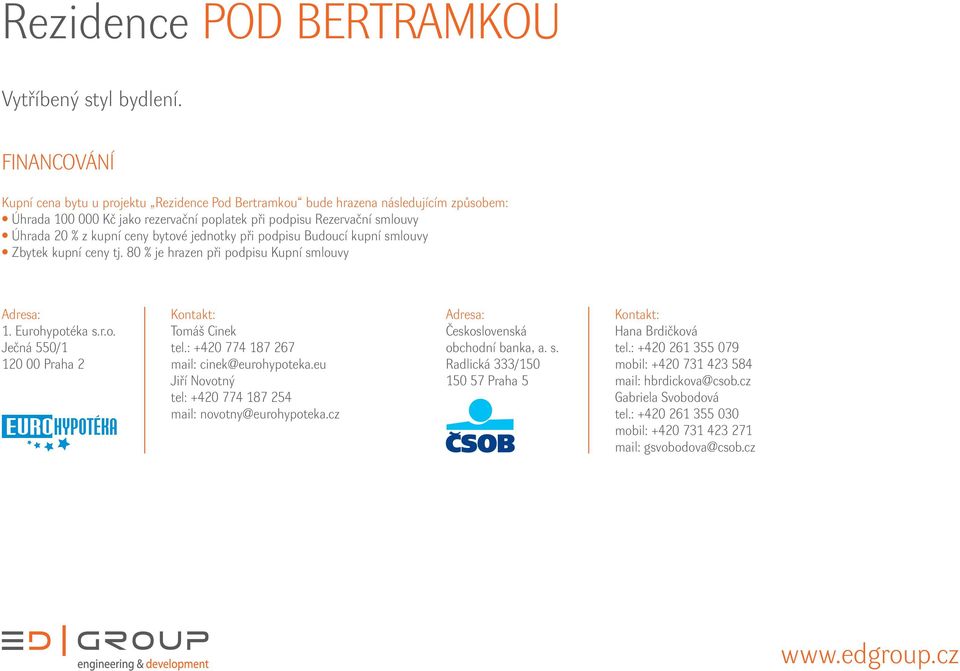 : +420 774 187 267 mail: cinek@eurohypoteka.eu Jiří Novotný tel: +420 774 187 254 mail: novotny@eurohypoteka.cz Adresa: Československá obchodní banka, a. s.