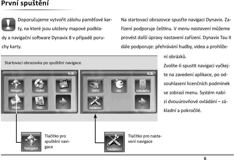 V menu nastavení můžeme provést další úpravy nastavení zařízení. Dynavix Tau II dále podporuje: přehrávání hudby, videa a prohlížení obrázků.