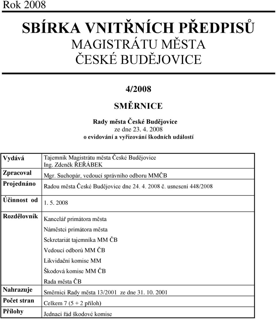 2008 o evidování a vyřizování škodních událostí Vydává Zpracoval Projednáno Účinnost od Rozdělovník Nahrazuje Počet stran Přílohy Tajemník Magistrátu města České Budějovice