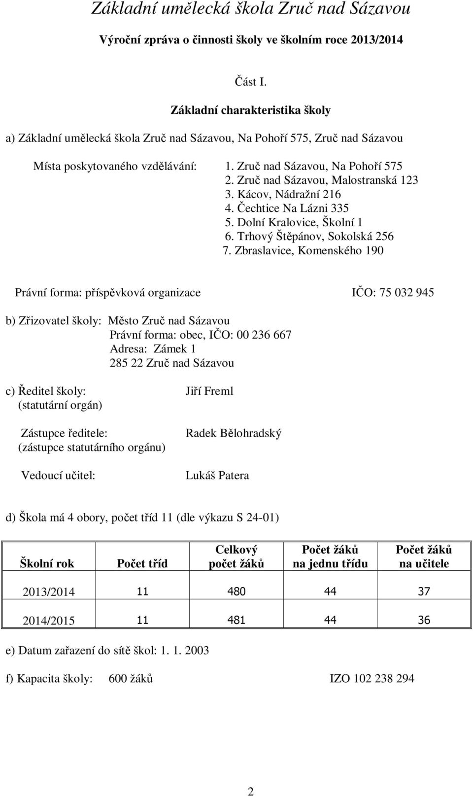 Zruč nad Sázavou, Malostranská 123 3. Kácov, Nádražní 216 4. Čechtice Na Lázni 335 5. Dolní Kralovice, Školní 1 6. Trhový Štěpánov, Sokolská 256 7.