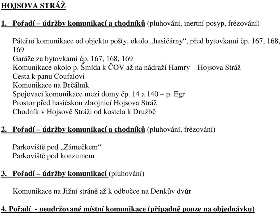 Šmída k ČOV až na nádraží Hamry Hojsova Stráž Cesta k panu Coufalovi Komunikace na Brčálník Spojovací komunikace mezi domy čp. 14 a 140 p.