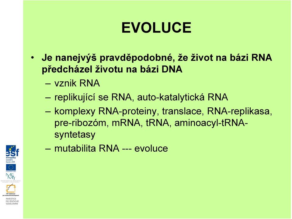 auto-katalytická RNA komplexy RNA-proteiny, translace,