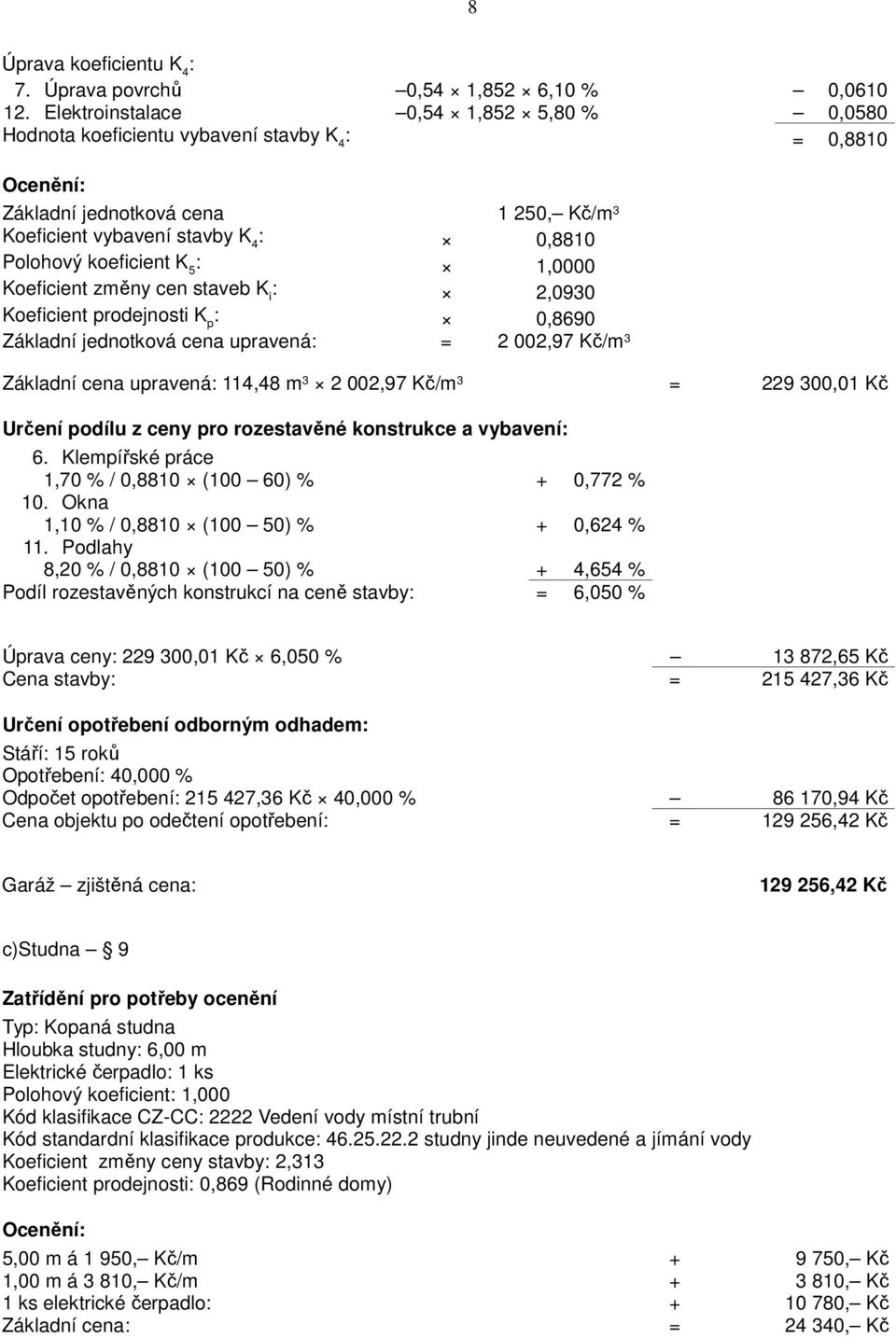 koeficient K 5 : 1,0000 Koeficient změny cen staveb K i : 2,0930 Koeficient prodejnosti K p : 0,8690 Základní jednotková cena upravená: = 2 002,97 Kč/m 3 Základní cena upravená: 114,48 m 3 2 002,97