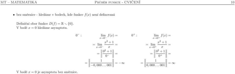 V bodě = 0 hledáme asymptotu. V bodě = 0 je asymptota bez směrnice.